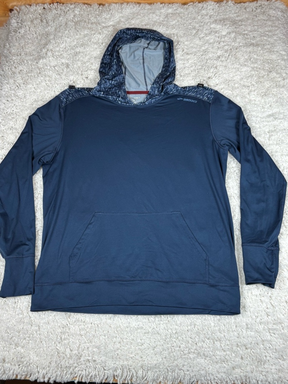 Brooks Men's Blue Performance Hoodie Pullover Thumbhole Kangaroo Pocket Large